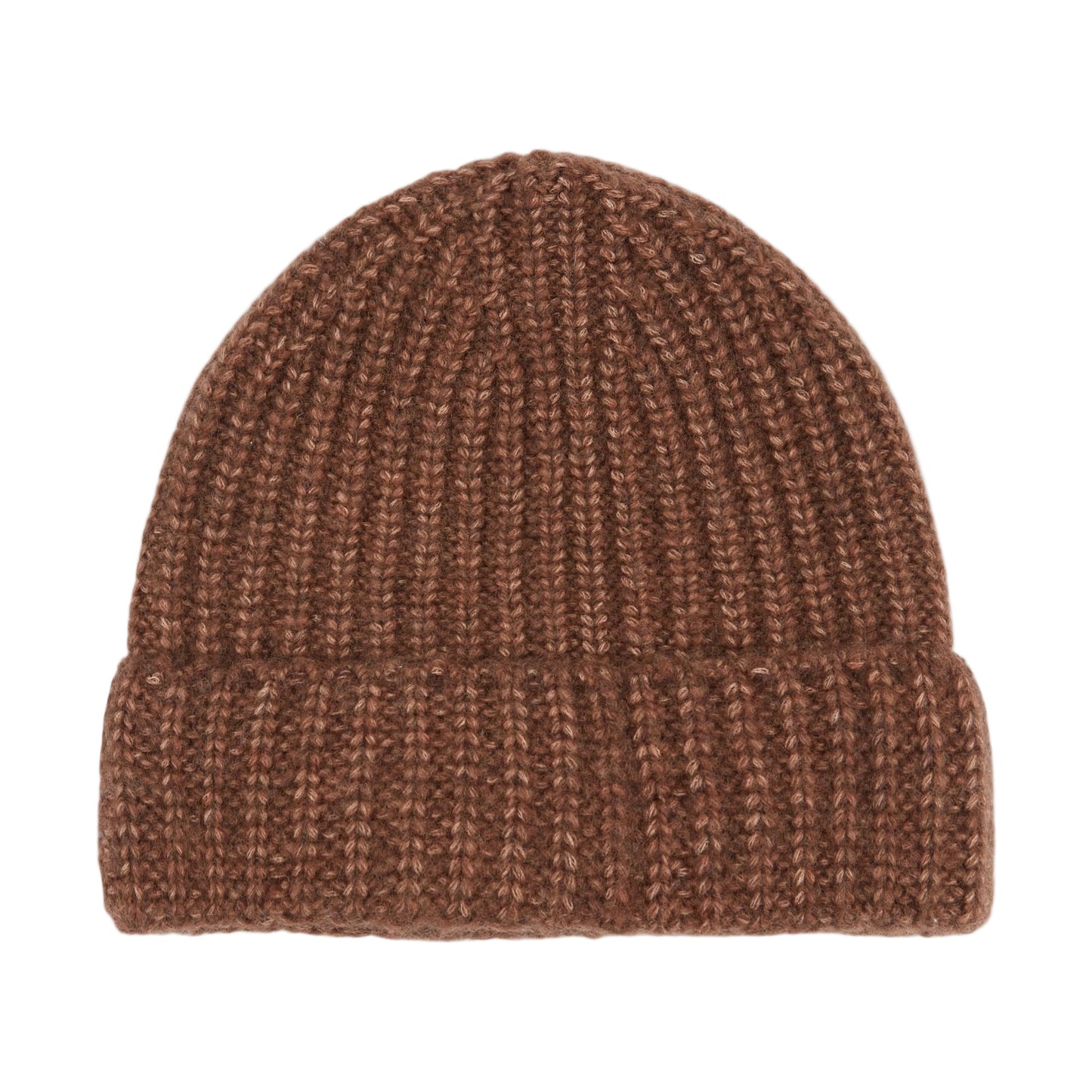 Brown knit beanie on a white background