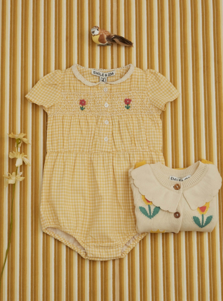 EMBROIERED BABY ROMPER LACE COLLAR VICHY JAUNE