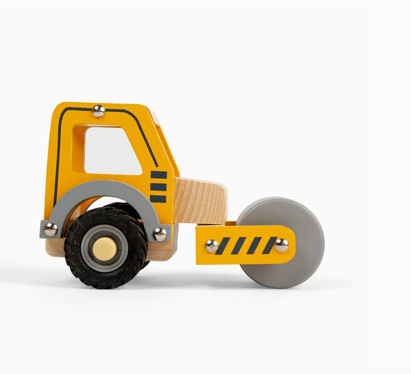 Toy bulldozer with yellow and gray colors on a white background