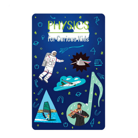 Book cover titled 'Physics for Curious Kids' with illustrations on a blue background