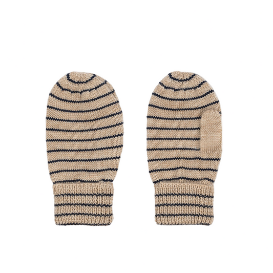 Pair of striped knit mittens on a white background