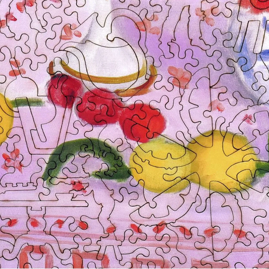 Partial puzzle with colorful elements on a white background