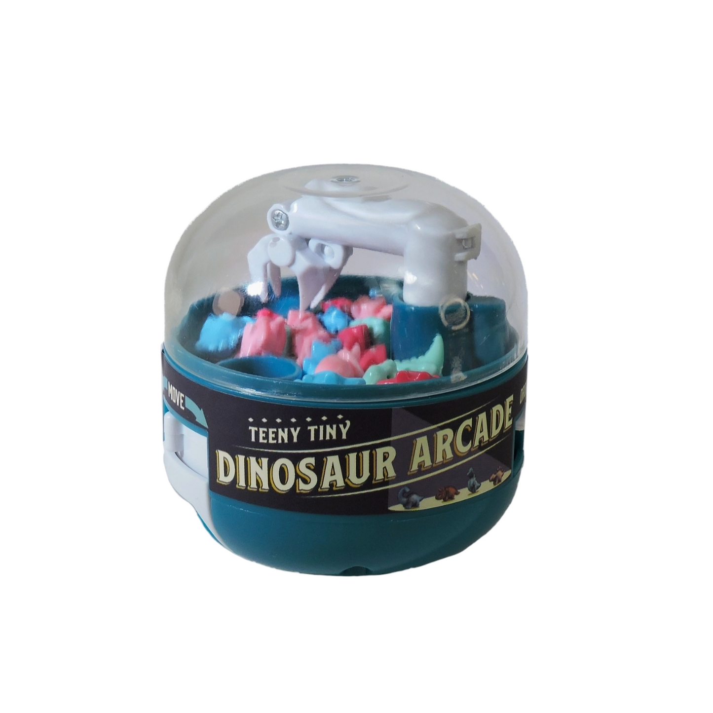 Dinosaur toy set in a transparent dome with 'Teeny Tiny Dinosaur Arcade' packaging on a white background.