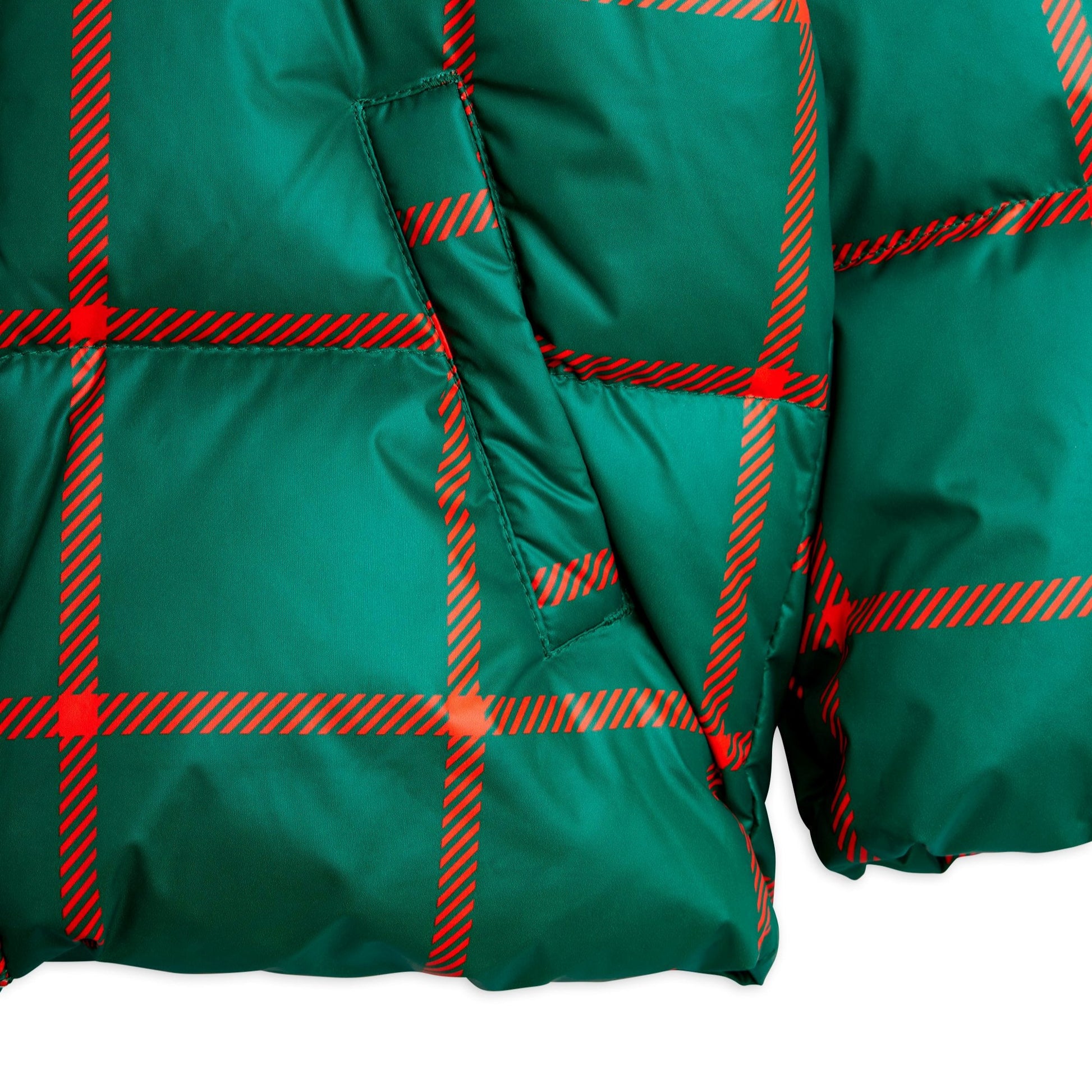 Green plaid jacket with red lines on a white background