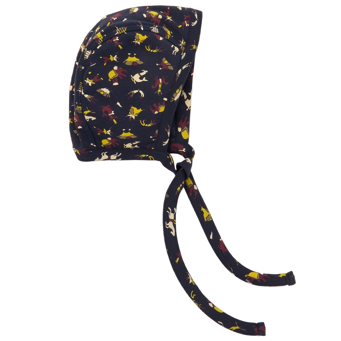 Navy blue baby bonnet with colorful animal pattern on a white background