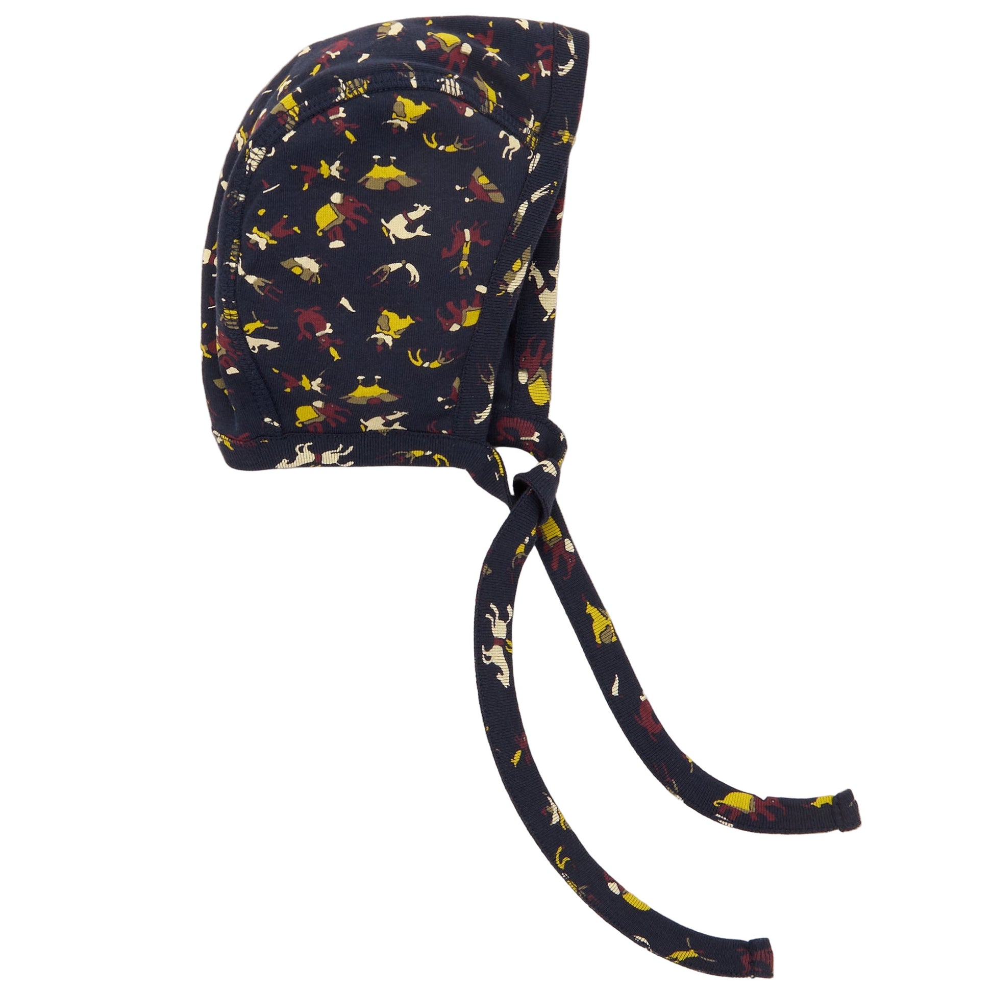 Navy blue baby bonnet with colorful animal pattern on a white background