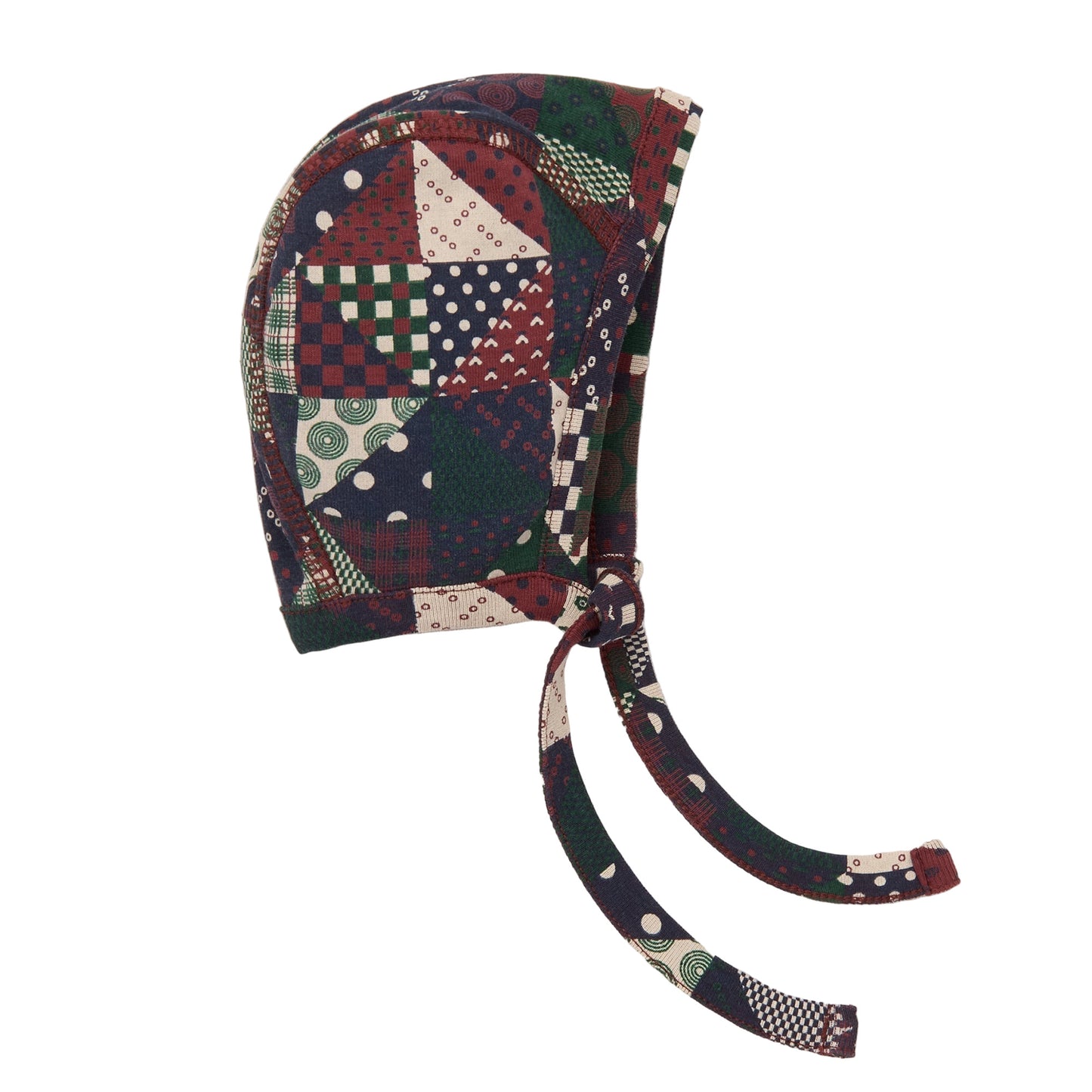 Colorful patchwork baby bonnet on a white background