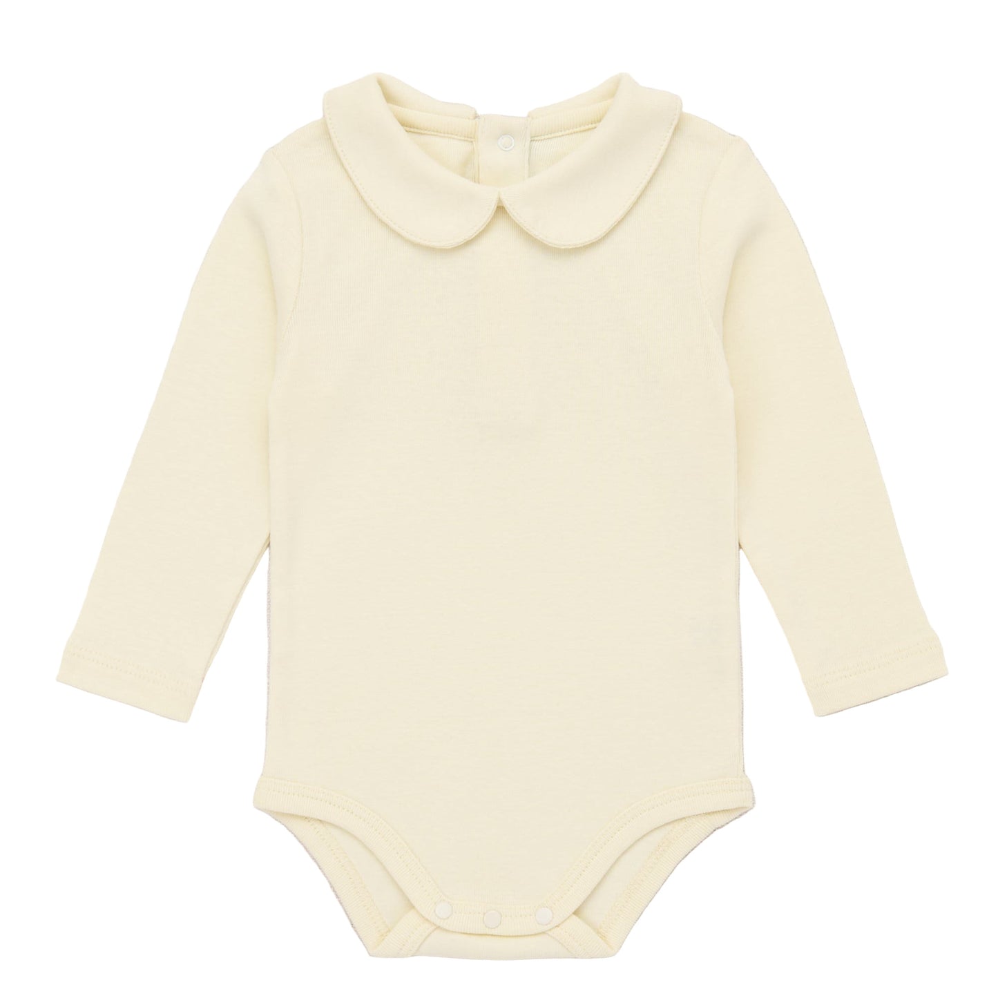 Yellow baby bodysuit with a collar on a light pink background