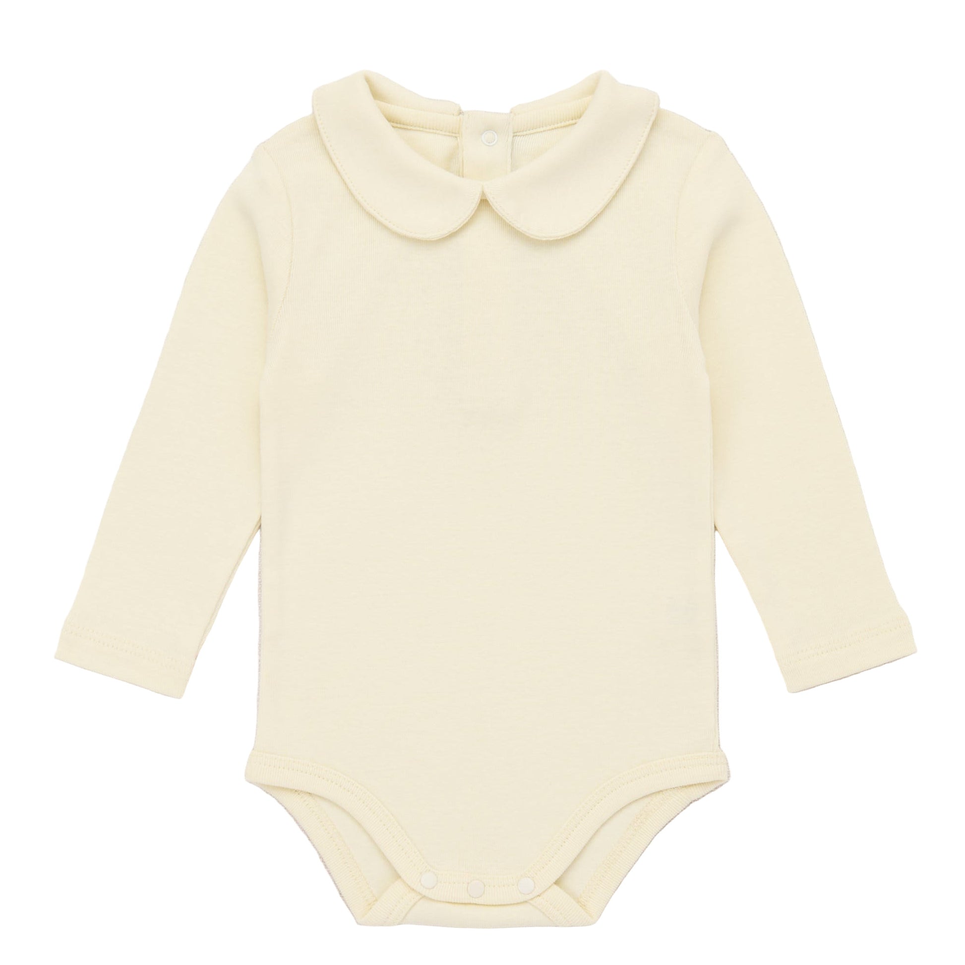Yellow baby bodysuit with a collar on a light pink background