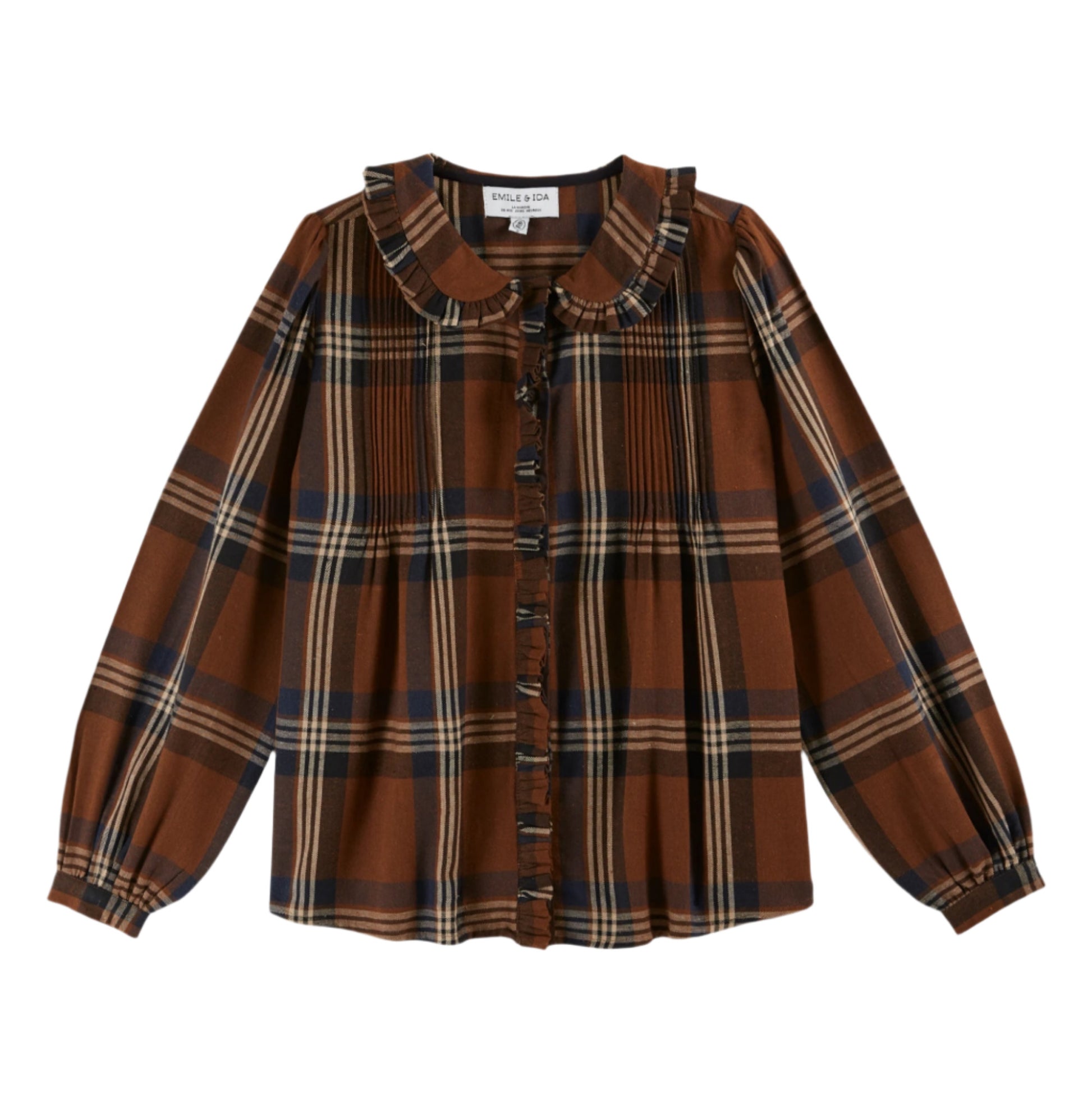 Brown plaid shirt with a collar on a white background