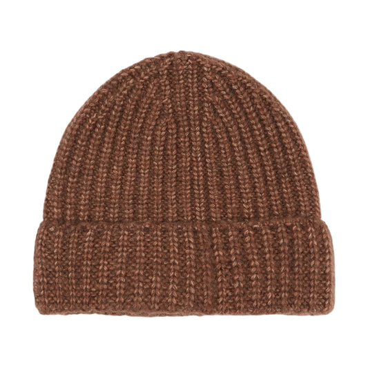 Brown knit beanie on a white background