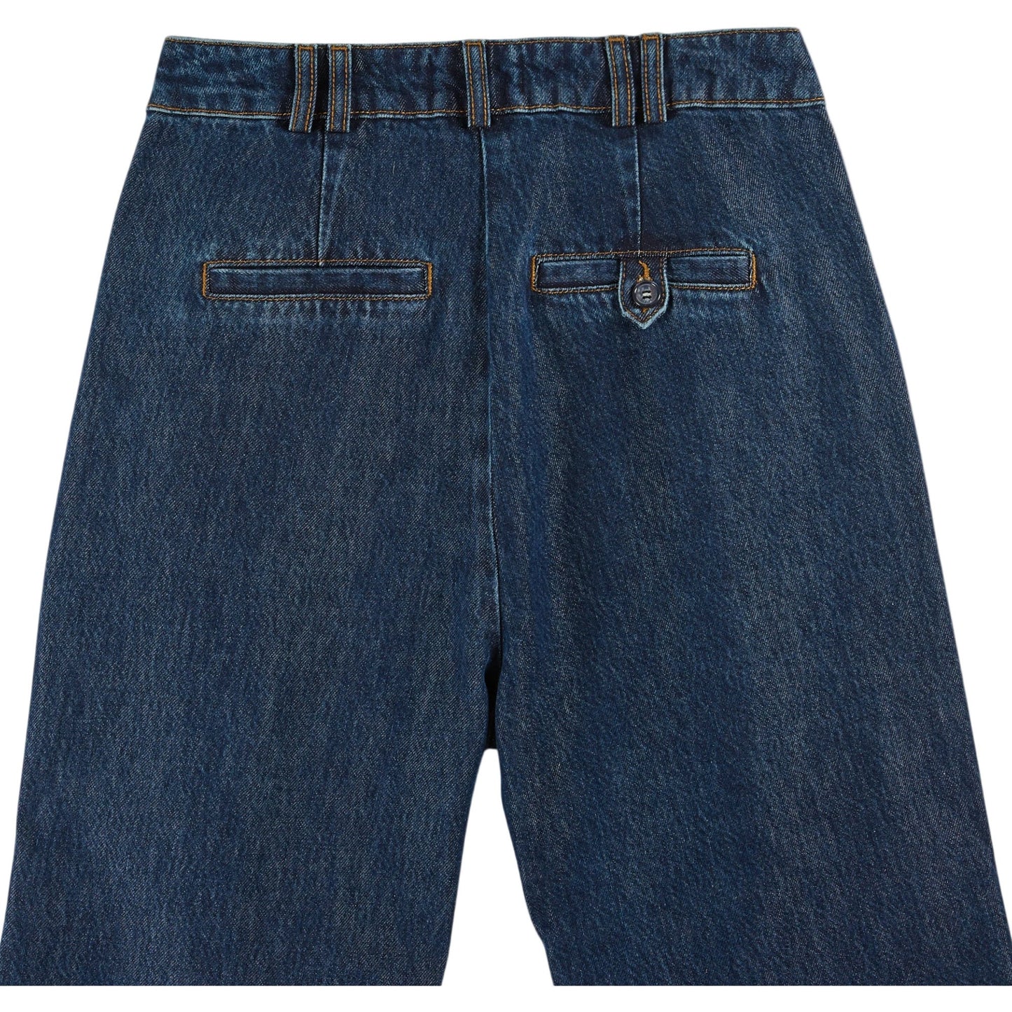 Back view of blue denim shorts on a white background