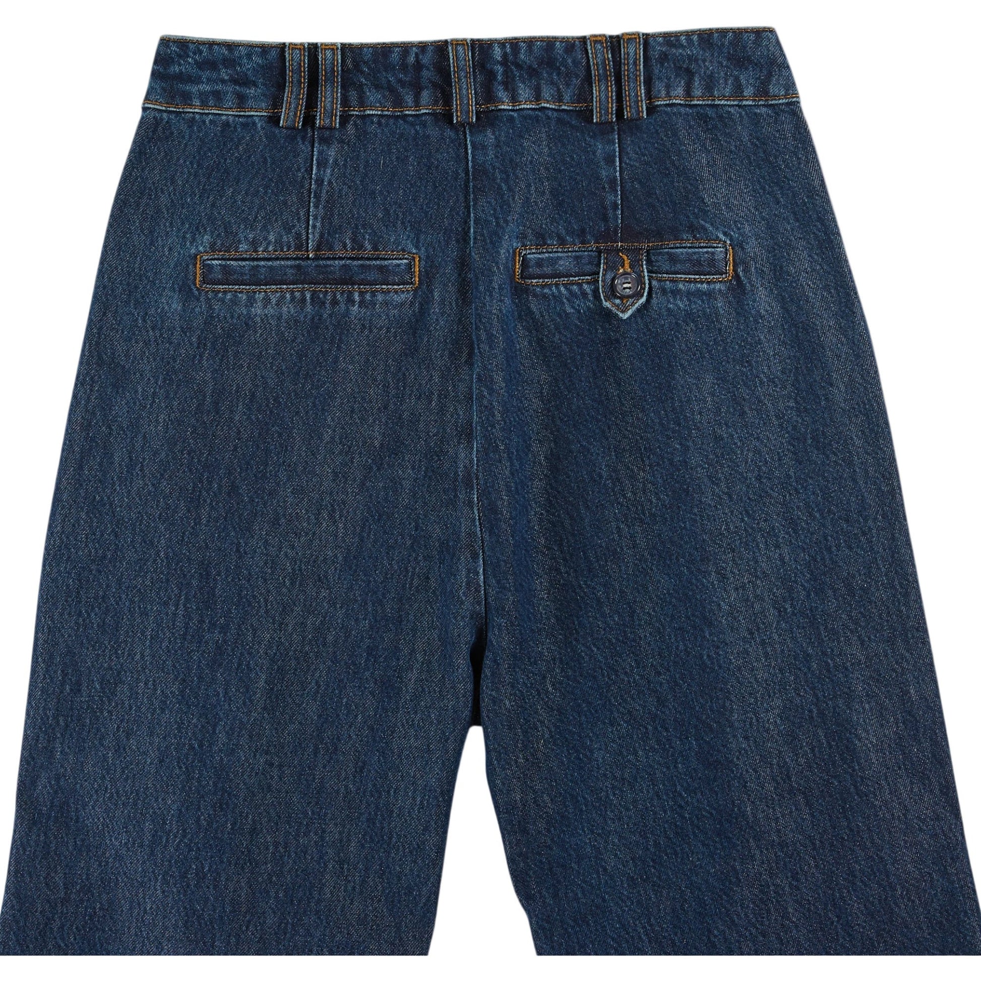 Back view of blue denim shorts on a white background