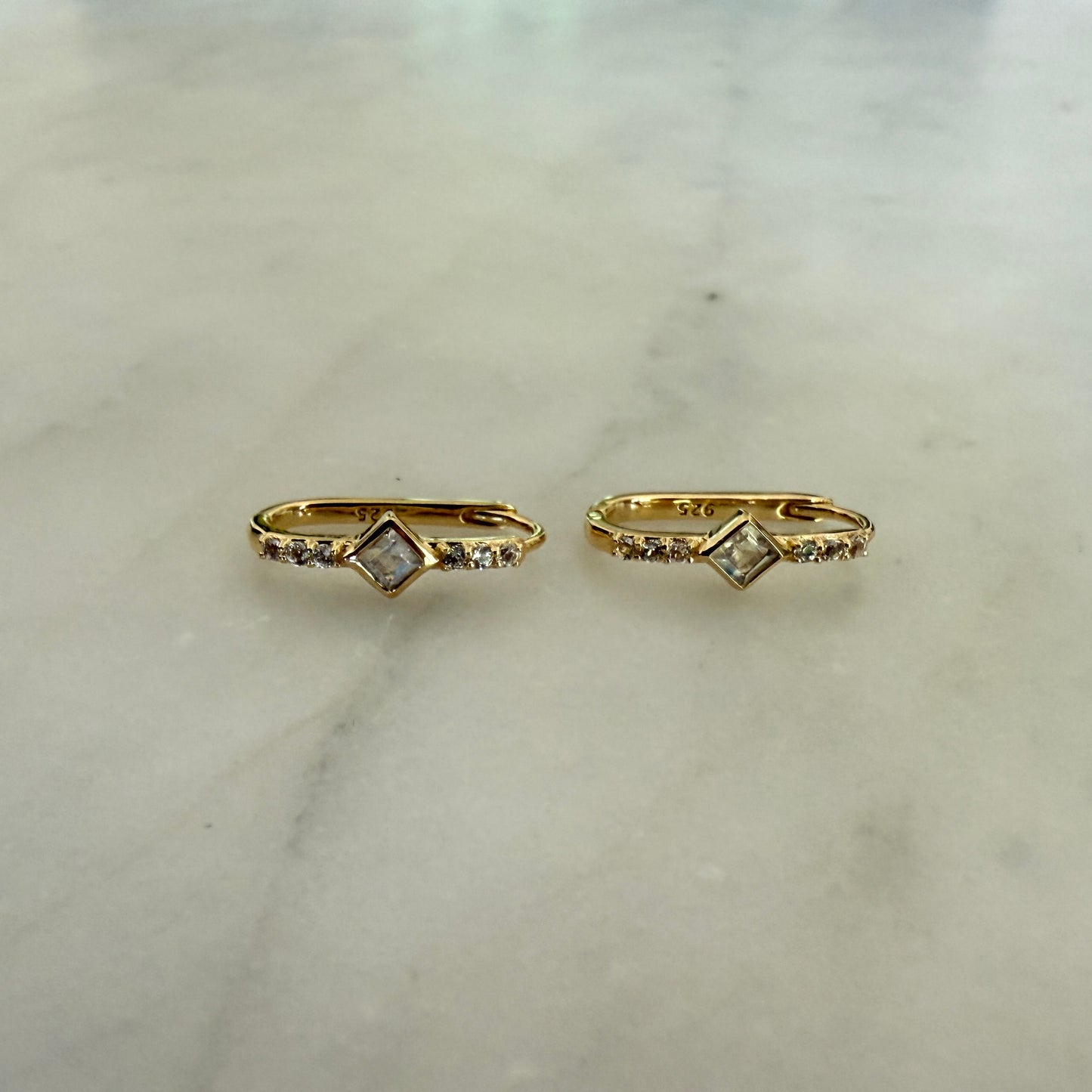 RAINBOW MOONSTONE & WHITE TOPAZ HUGGIE HOOPS