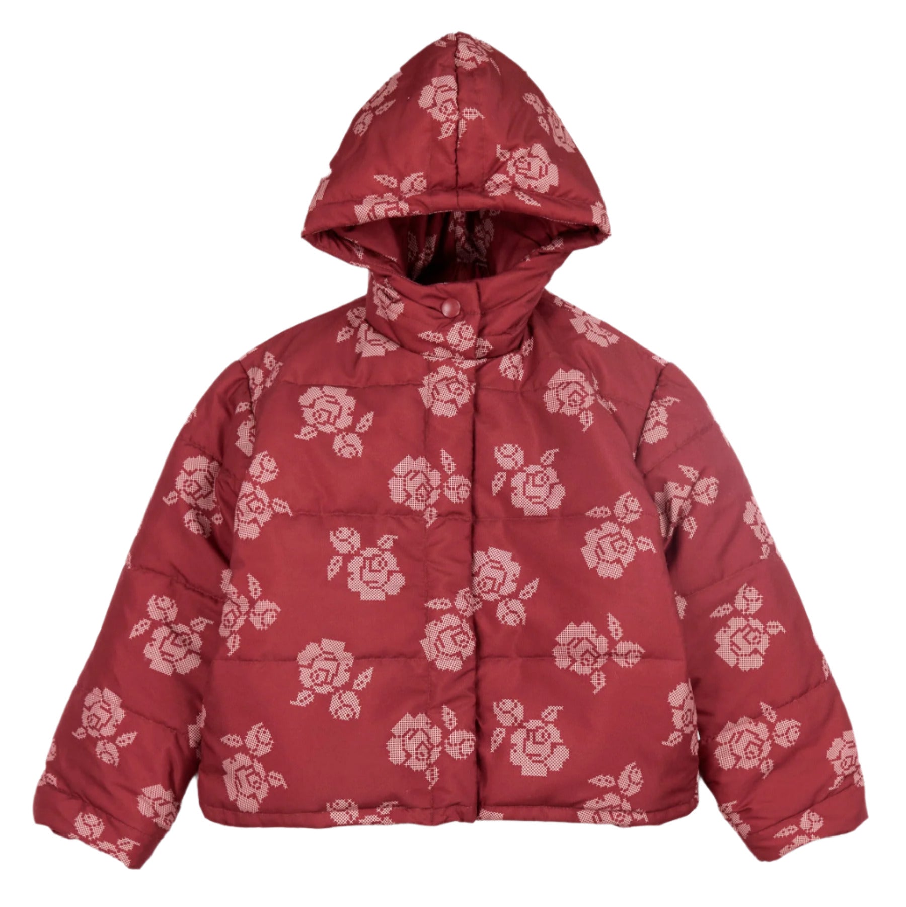 red puffer jacket with off white cross-stitch flower print — Little-ish