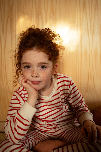 RED & OATMEAL BRETON STRIPE SLEEPSUIT