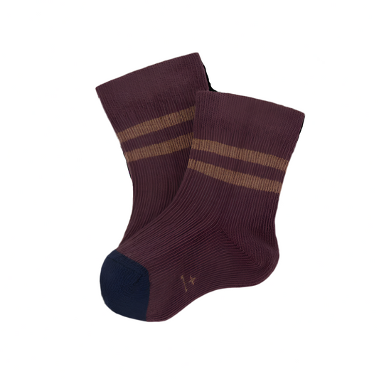 Pair of brown socks with striped pattern on a white background