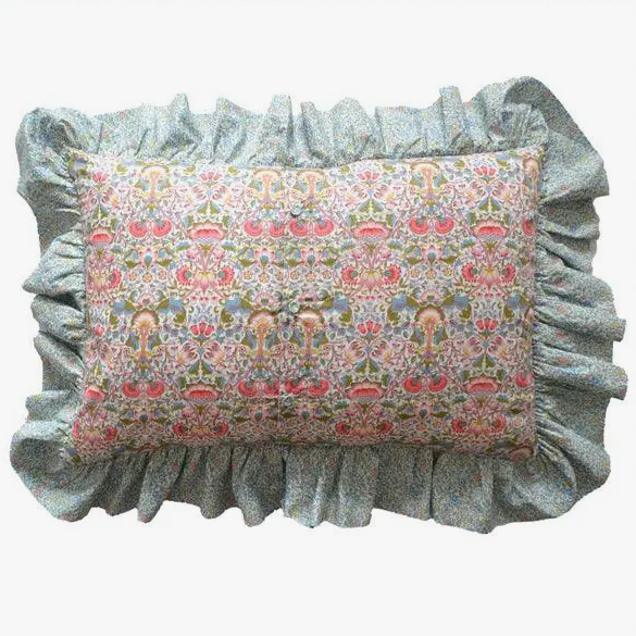 LIBERTY OF LONDON RUFFLE PATCHWORK OBLONG CUSHION - LODDEN