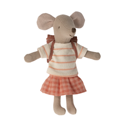 MAILEG TRICYCLE MOUSE, BIG SISTER WITH BAG - CORAL