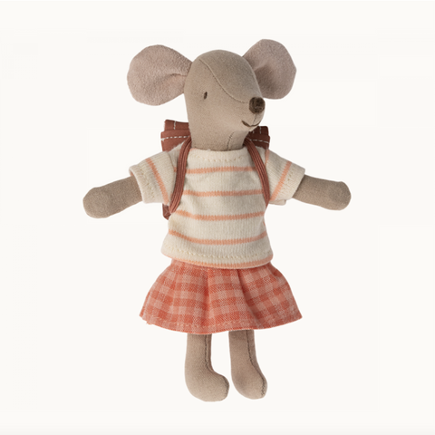 MAILEG TRICYCLE MOUSE, BIG SISTER WITH BAG - CORAL