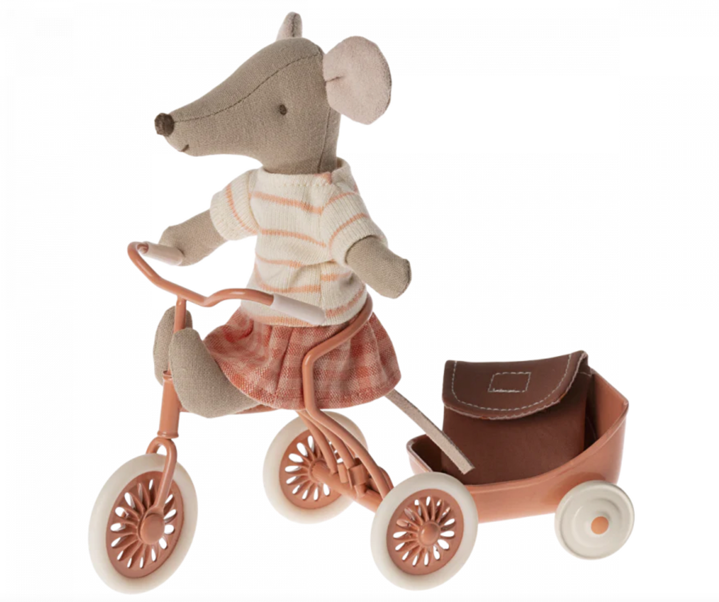 MAILEG TRICYCLE MOUSE, BIG SISTER WITH BAG - CORAL