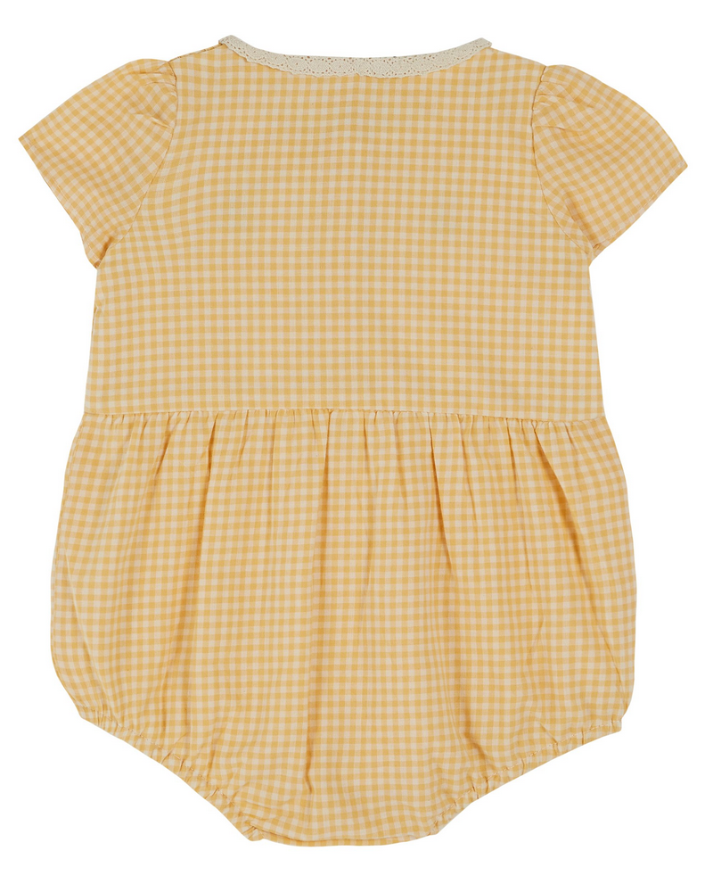 EMBROIERED BABY ROMPER LACE COLLAR VICHY JAUNE