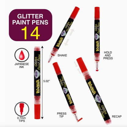 GLITTER ACRYLIC FINE TIP PAINT PEN - 14 SET