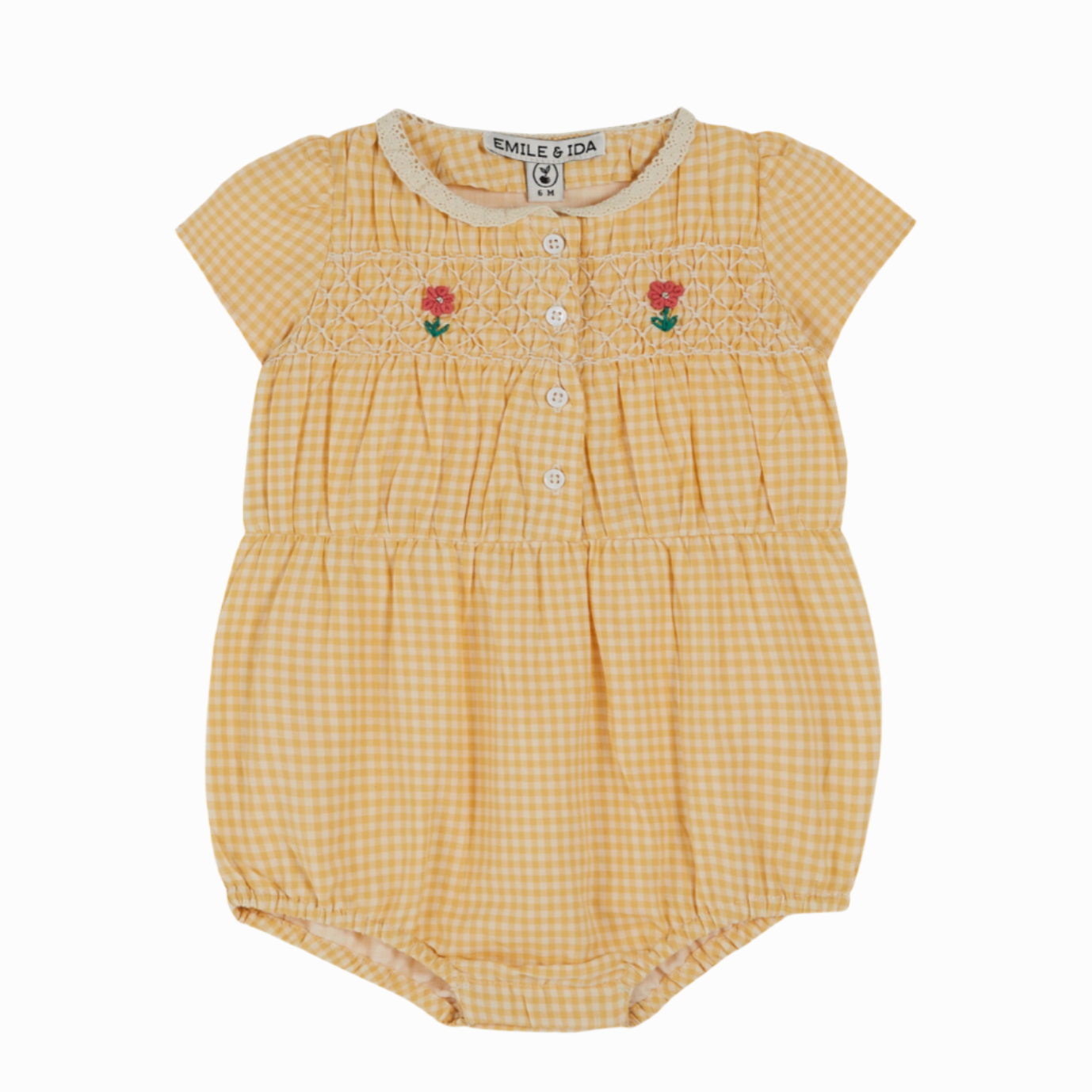 EMBROIERED BABY ROMPER LACE COLLAR VICHY JAUNE