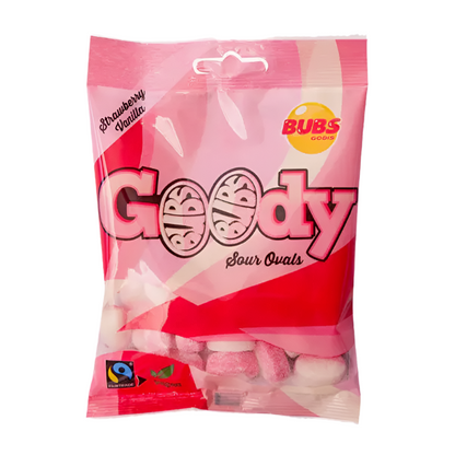 BUBS GODIS: SOUR STRAWBERRY VANILLA GOODY OVVALS