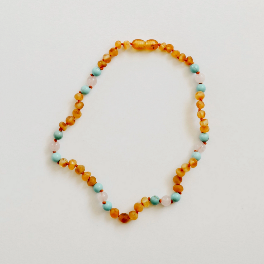 RAW HONEY BALTIC AMBER + TURQUOISE + ROSE QUARTZ NECKLACE