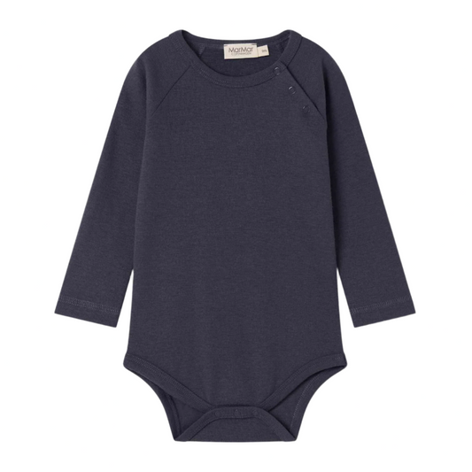 Navy blue baby bodysuit on a white background