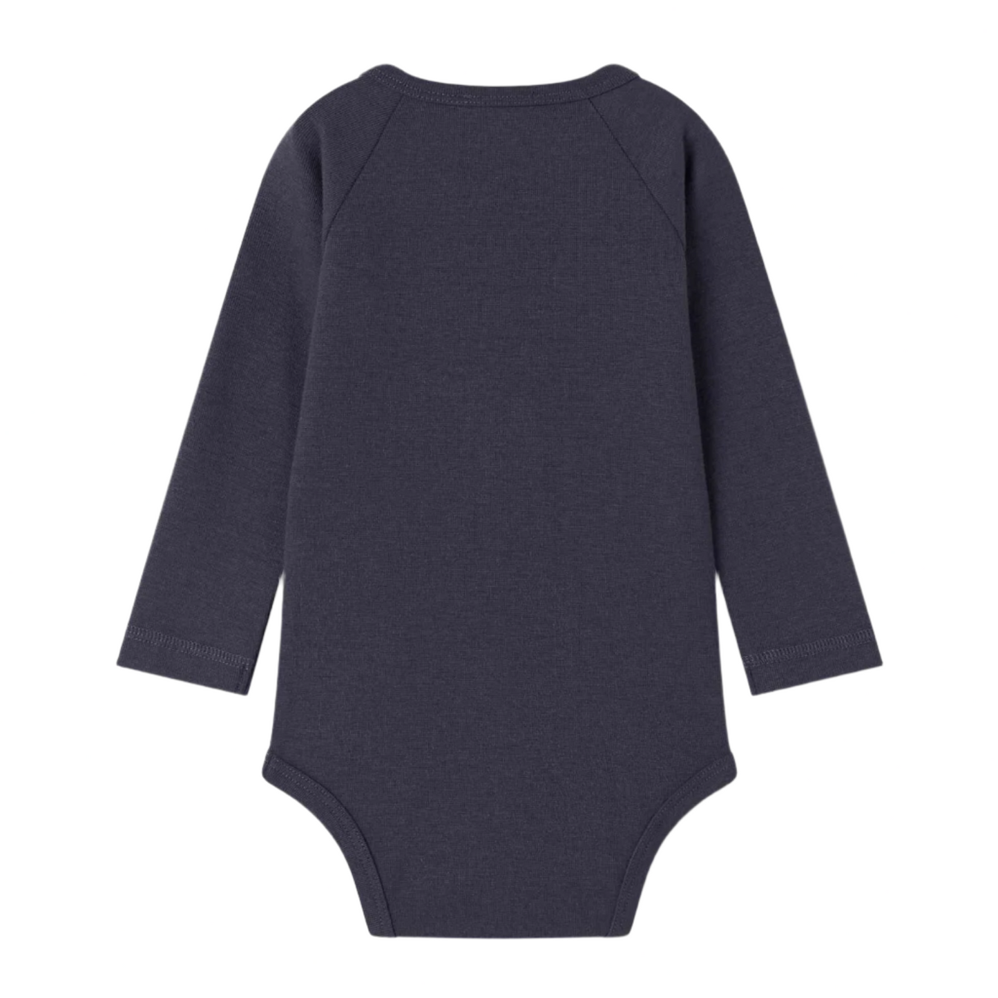 Navy blue baby onesie on a white background