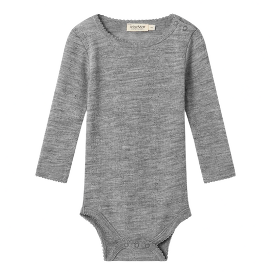 Gray baby bodysuit with long sleeves on a white background