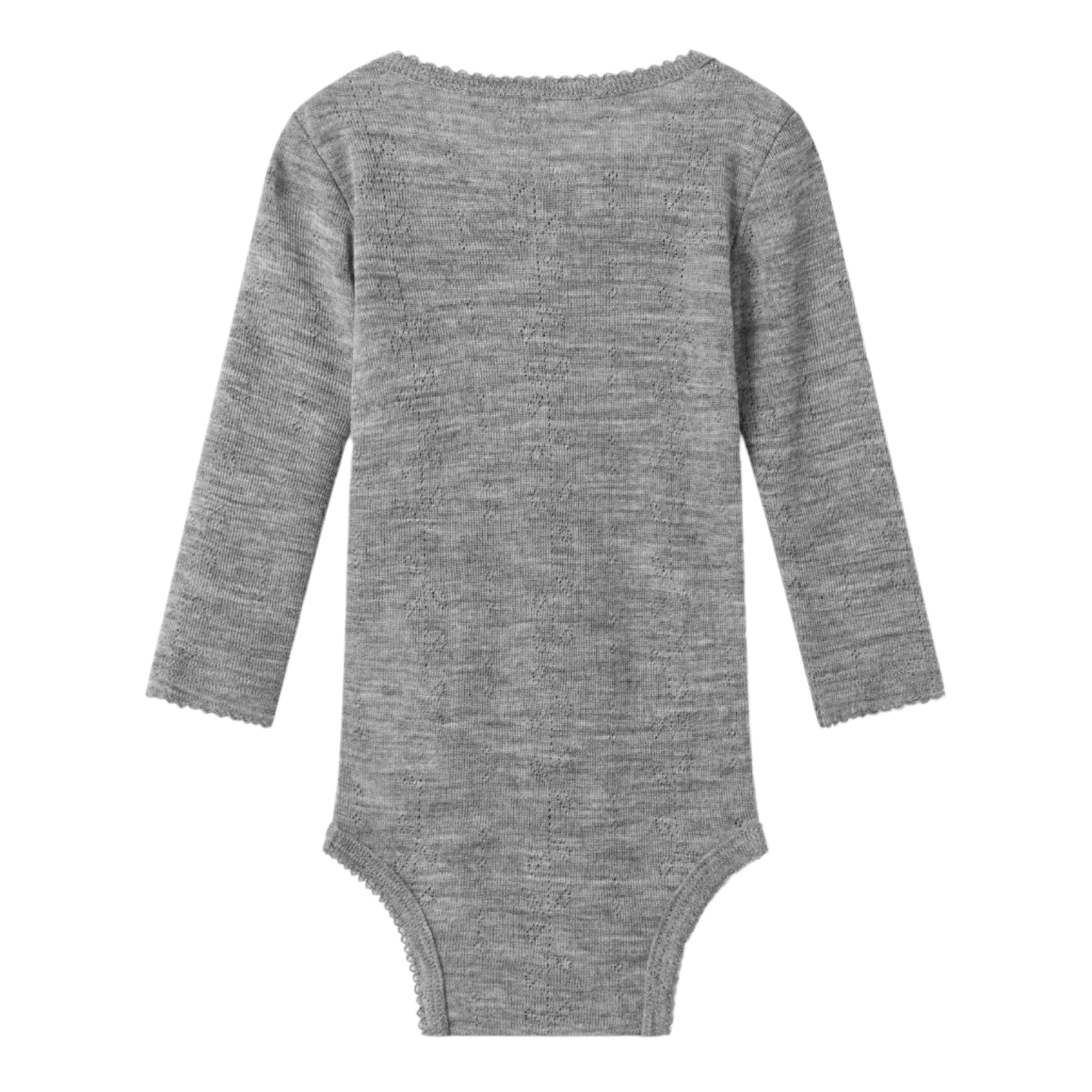 Gray baby bodysuit with long sleeves on a white background