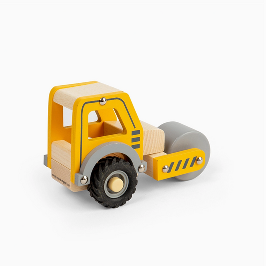 Wooden toy roller compactor on a white background