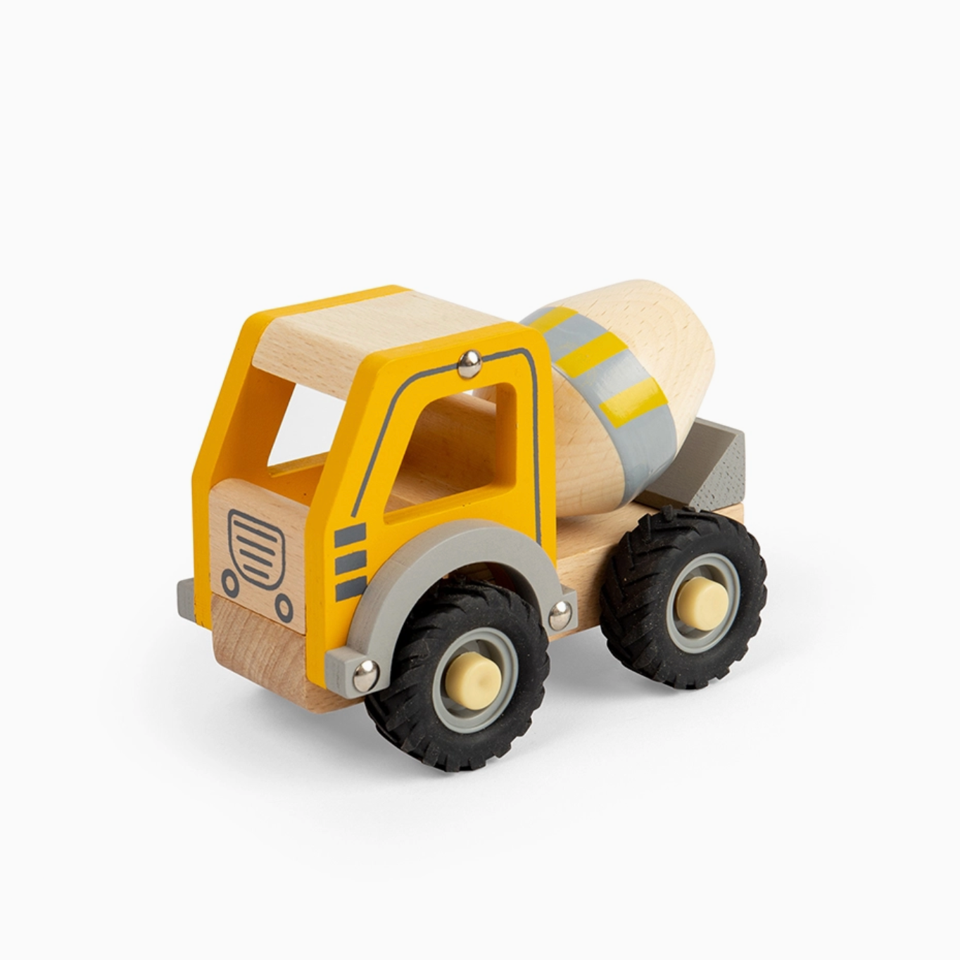 Wooden toy cement mixer truck on a white background