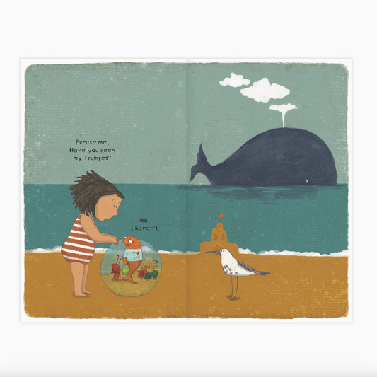 Illustration of a child, sandcastle, and whale in a children's book