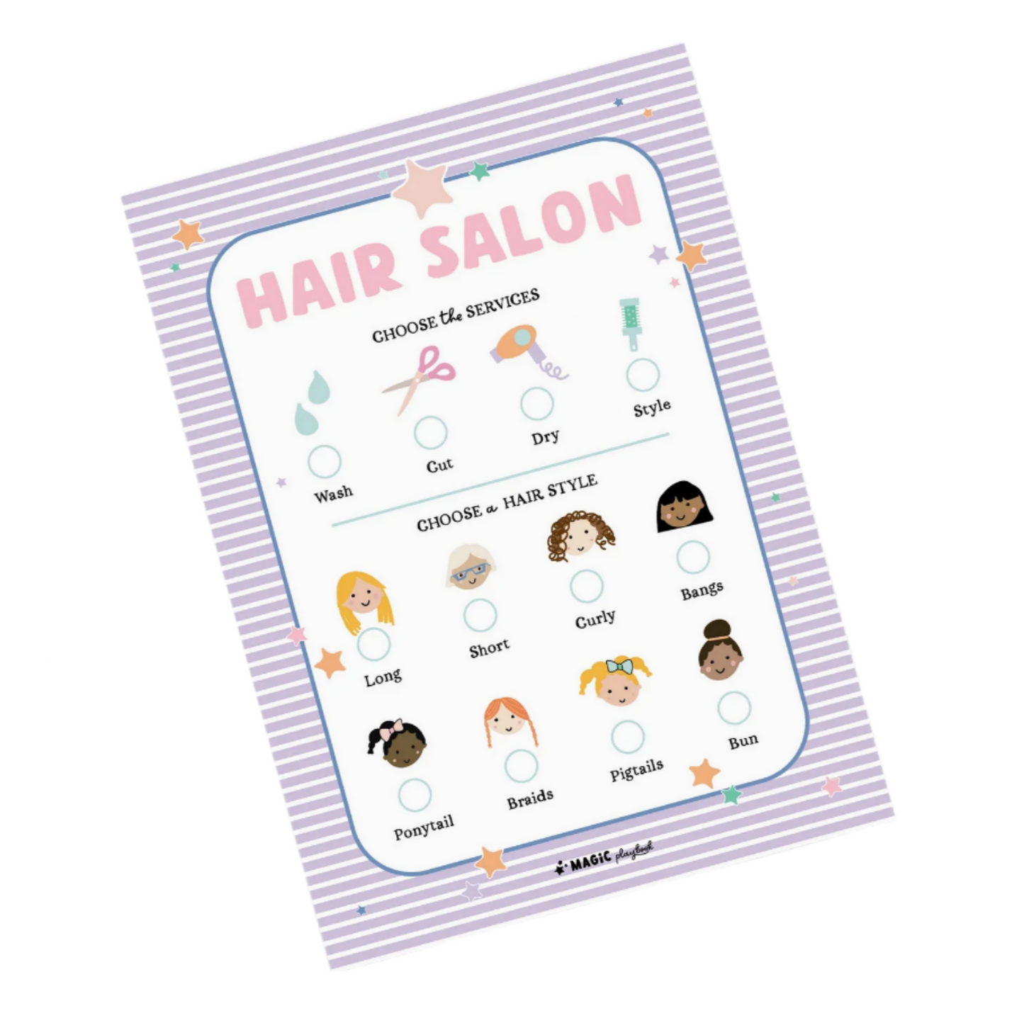 Children's game board titled 'Hair Salon' with illustrations of hairstyles on a white background.