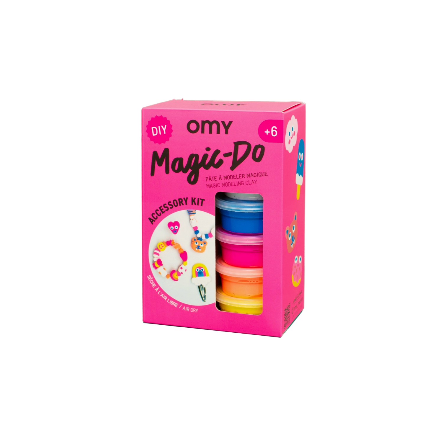 Pink packaging of OMY Magic-Do accessory kit with colorful bands on a white background
