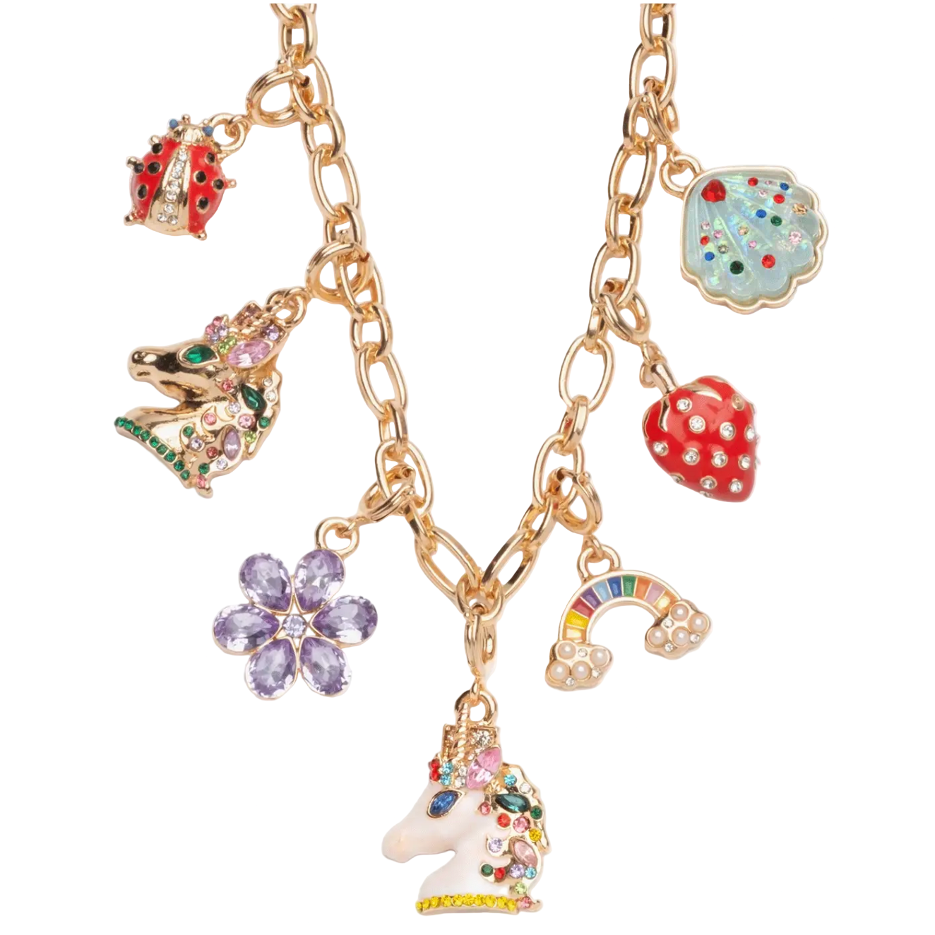 Gold charm bracelet with various colorful charms on a white background