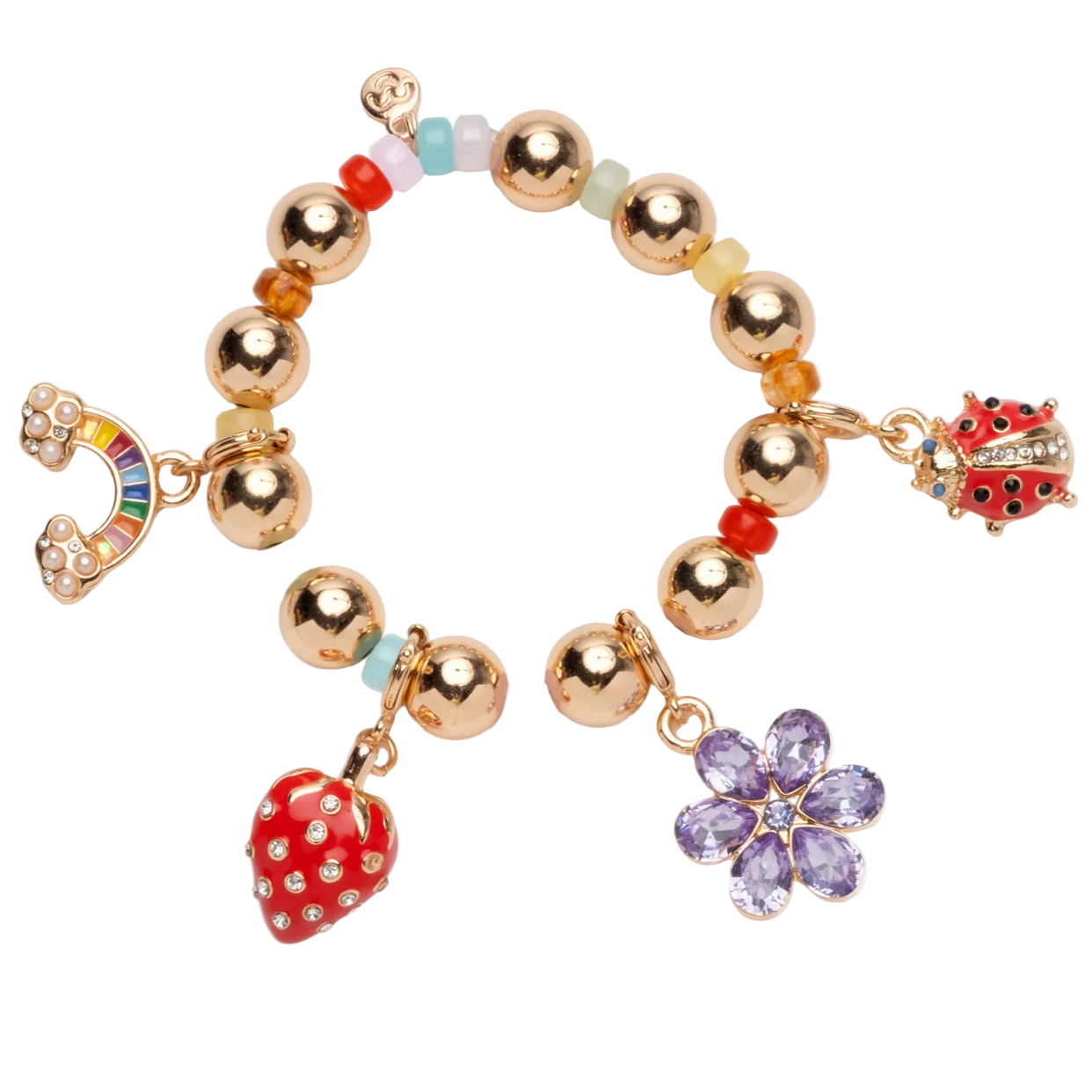 Colorful beaded bracelet with various charms on a white background