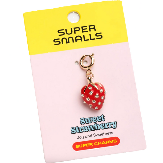 Strawberry charm on a 'Super Smalls' branded card with a yellow top and pink bottom.