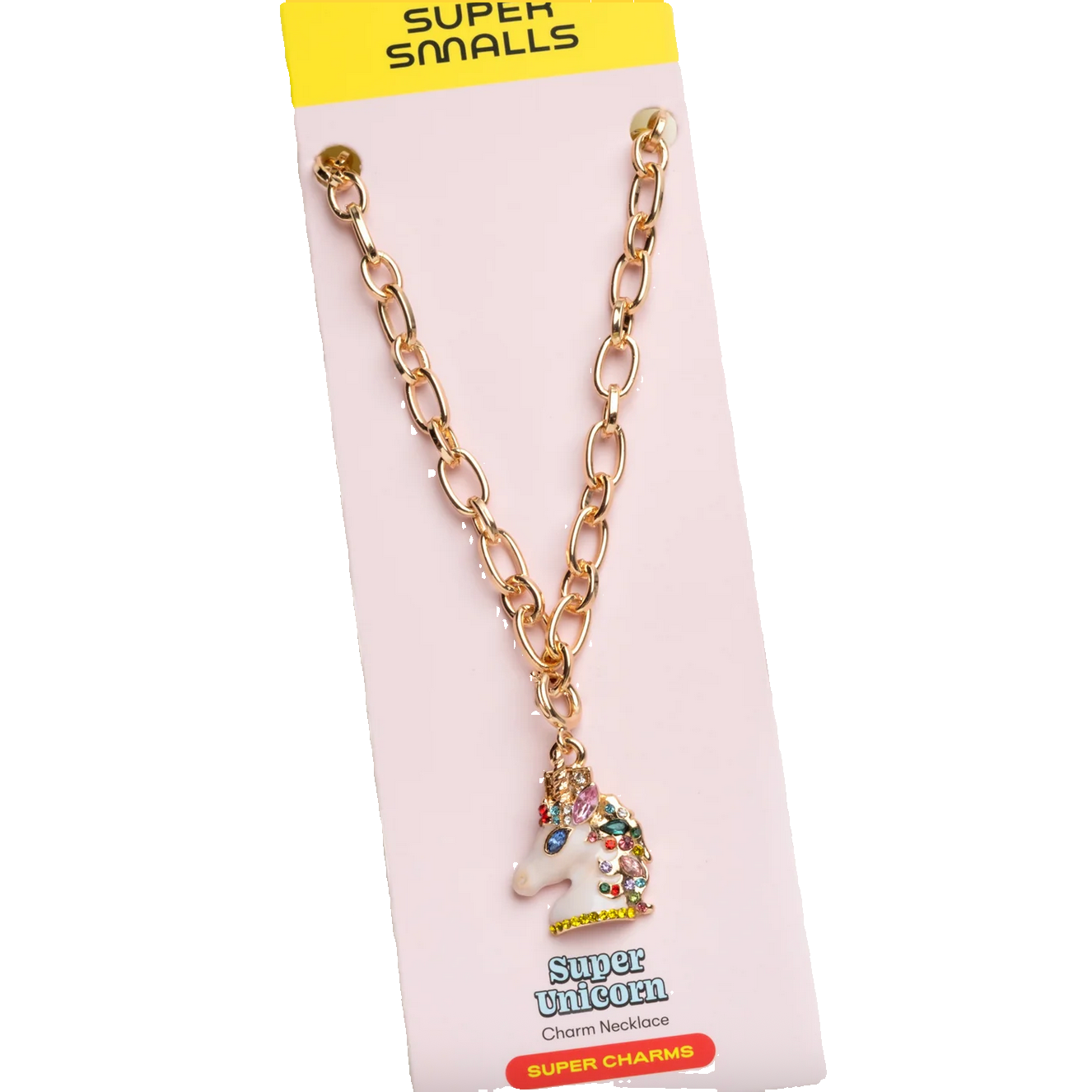 Gold chain necklace with a unicorn charm on a pink card labeled 'Super Smalls'.