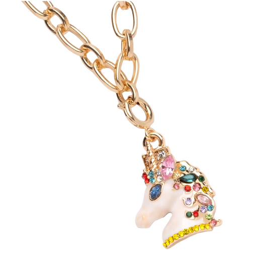 Unicorn-shaped keychain with colorful gemstones on a gold chain against a white background