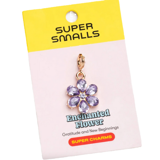 Super Smalls Enchanted Flower charm on a branded card with purple stones and gold accents.