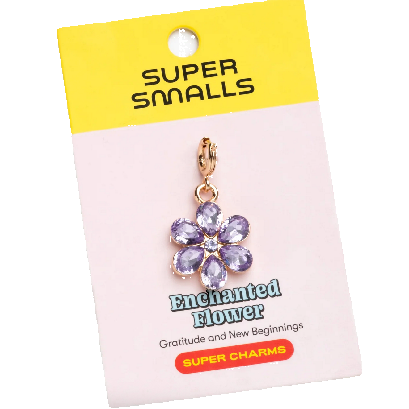 Super Smalls Enchanted Flower charm on a branded card with purple stones and gold accents.