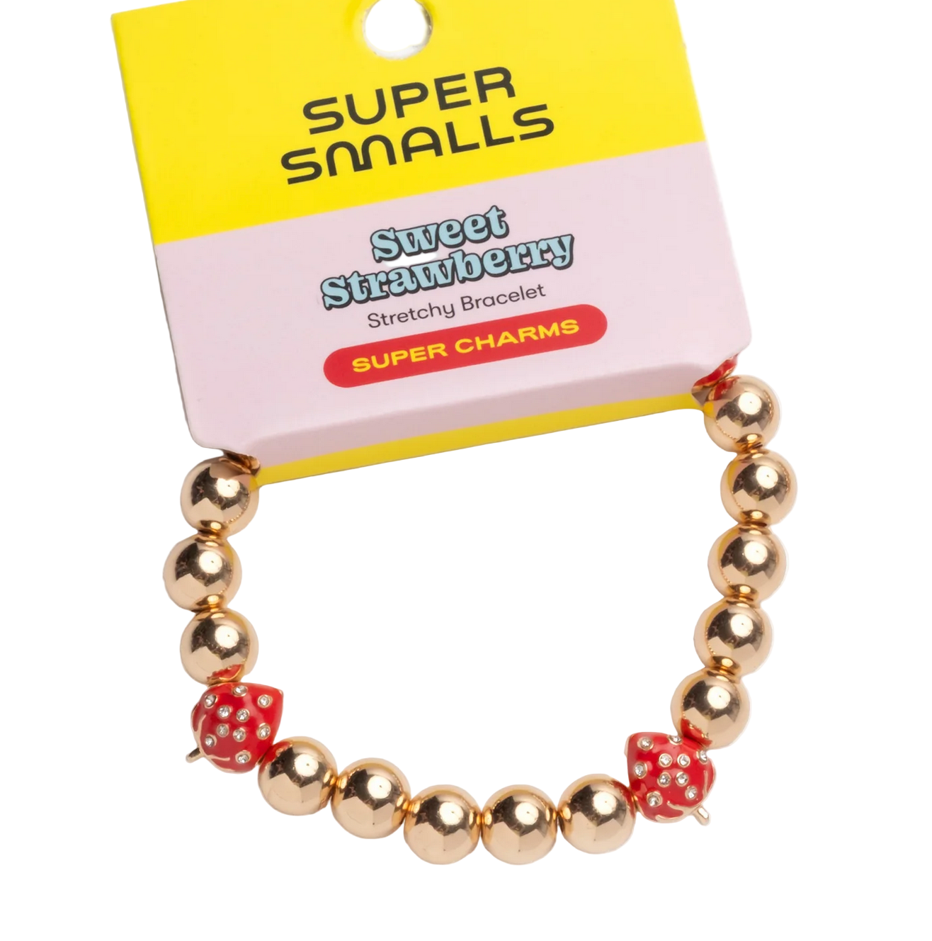 Gold stretchy bracelet with strawberry charms on a 'Super Smalls' branded card.
