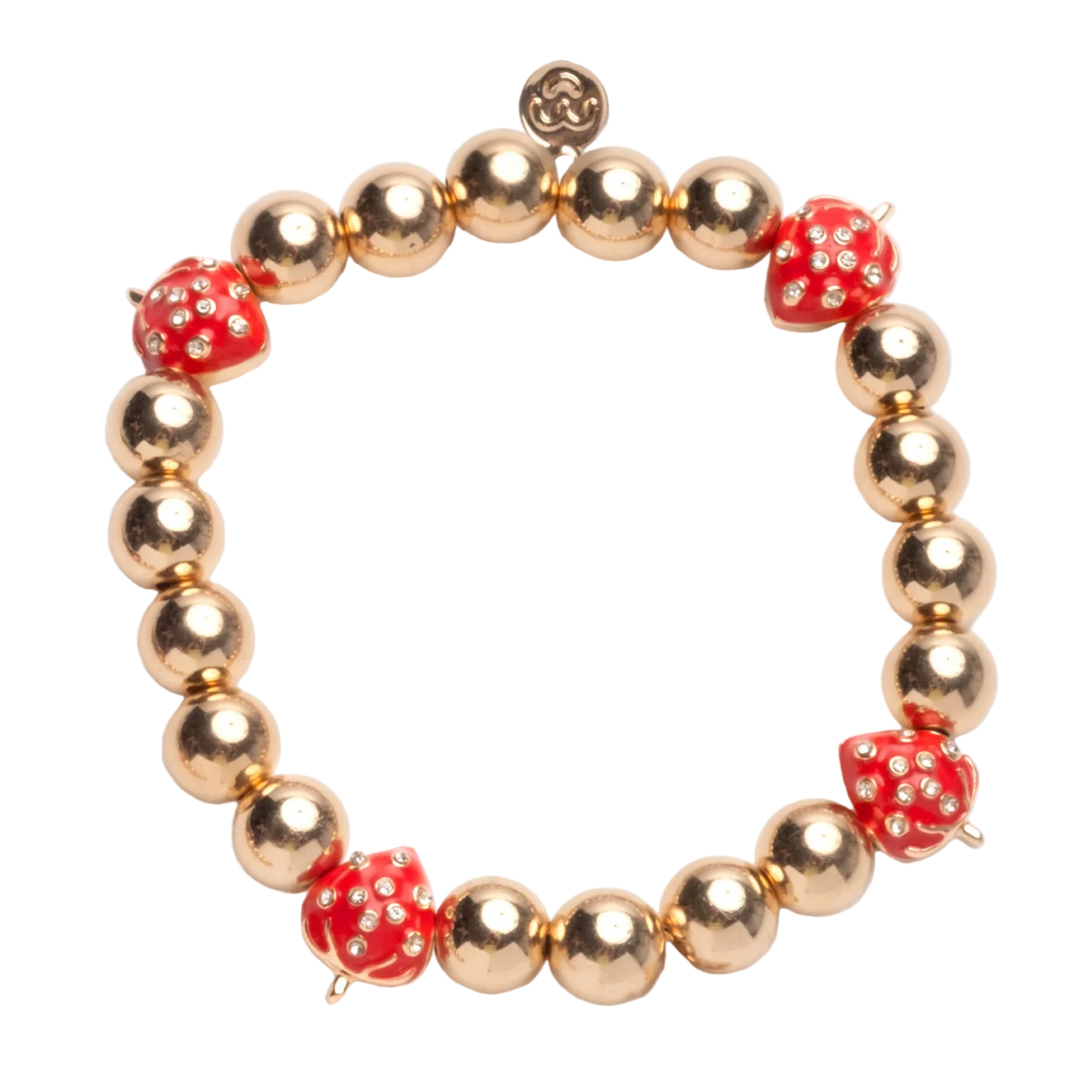 Gold beaded bracelet with red strawberry-shaped charms on a white background