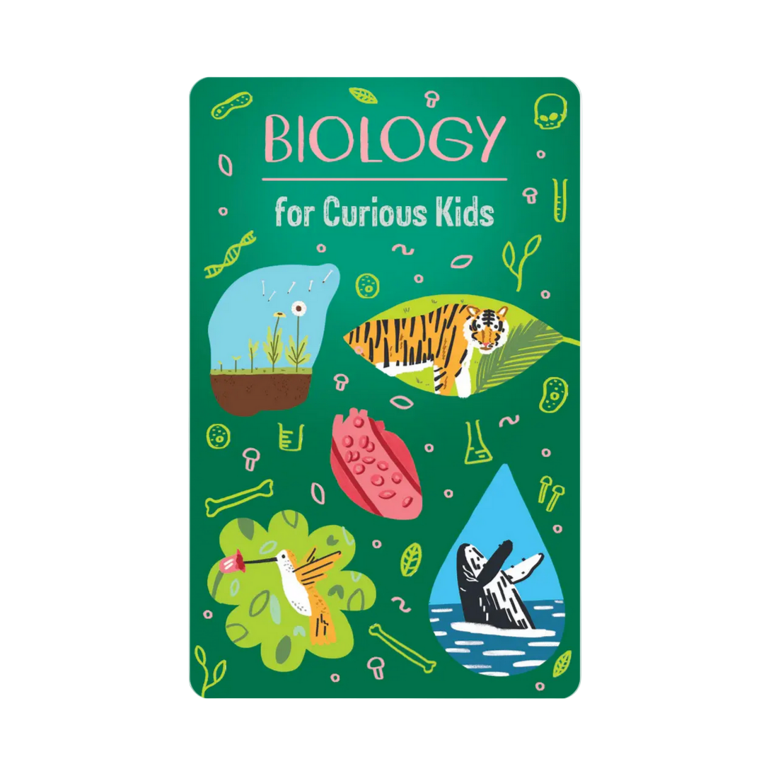 Book cover of 'Biology for Curious Kids' with illustrations of animals and nature on a green background.