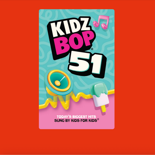 Cover of 'KIDZ BOP 51' with colorful design on a red background